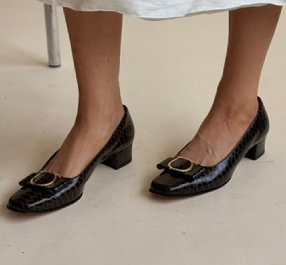 Salvatore Ferragamo Black Croc-Embossed Leather Mid Heel Pumps with Gold Buckle